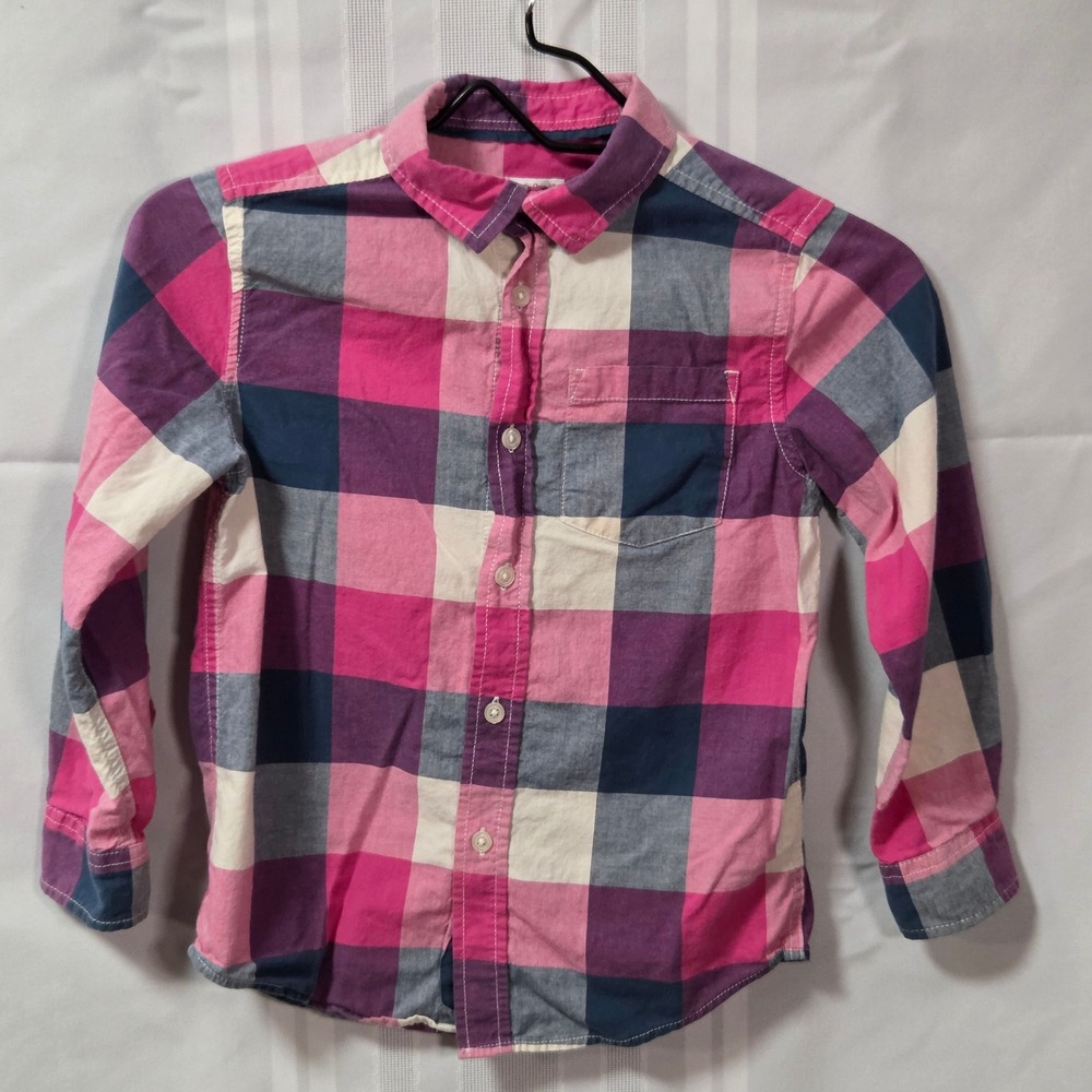 Cat & Jack Button Down Shirt Kids S 6/7 Pink Plaid Long Sleeve Collared Top